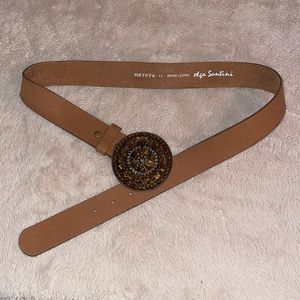 OLGA SANTINI BELT BROWN LEATHER BEADED CIRCLE BUCKLE ADJUSTABLE SIZE 1X.